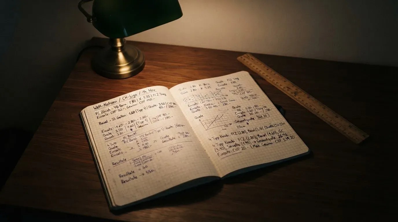 Eine Schreibtischlampe beleuchtet ein kariertes Heft mit handschriftlichen Skizzen, daneben liegt ein Lineal aus Holz.