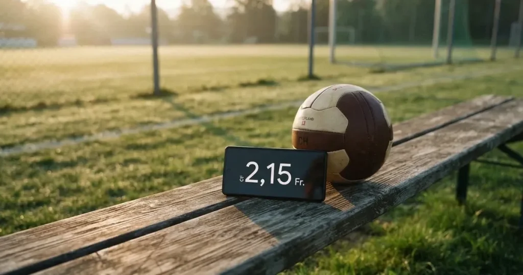 Ein Smartphone mit dunklem Bildschirm liegt neben einem Fussball auf einer Holzbank am Rand eines Trainingsplatzes im Morgenlicht.