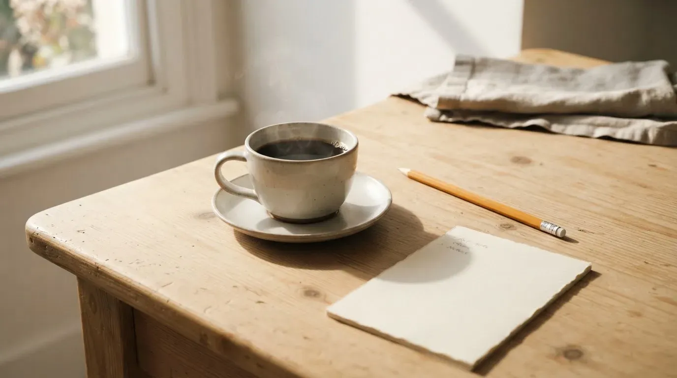 Eine Tasse Kaffee und ein Bleistift liegen auf einem sonnenbeschienenen Küchentisch neben einem leeren Notizblock.
