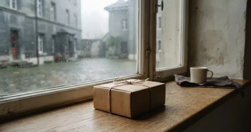 Eine kleine Pappschachtel, mit Schnur zugebunden, steht auf einem Fensterbrett, draussen ein verregneter Hinterhof.