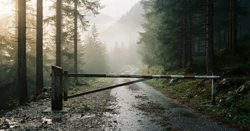 Ein geschlossener Schlagbaum an einer Landstrasse im Gebirge, Morgennebel steht zwischen den Tannen.
