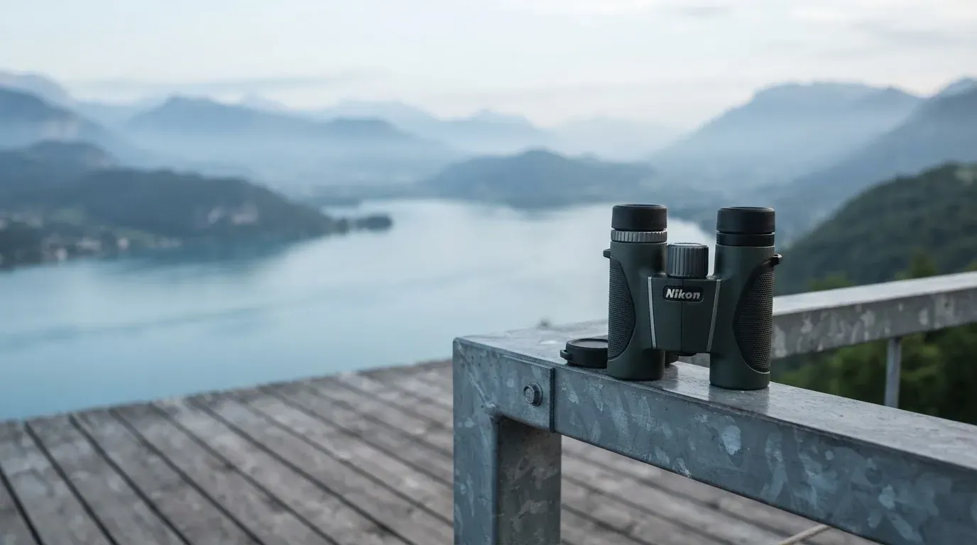 Ein Fernglas liegt auf dem Geländer einer Aussichtsplattform über einem See, dahinter flache Hügel im Dunst.