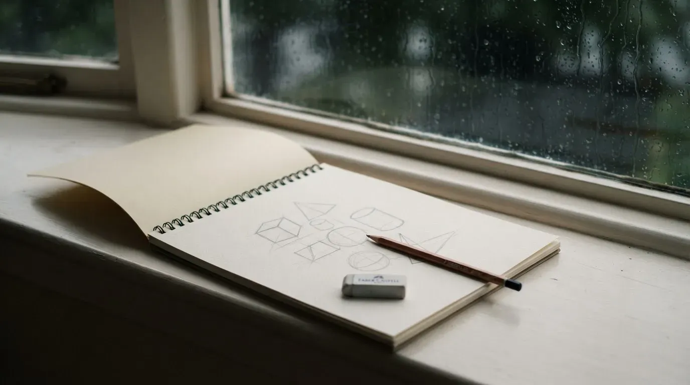 Ein Zeichenblock mit einem Bleistift und einem Radiergummi liegt auf einem Fensterbrett, draussen fällt Regen.