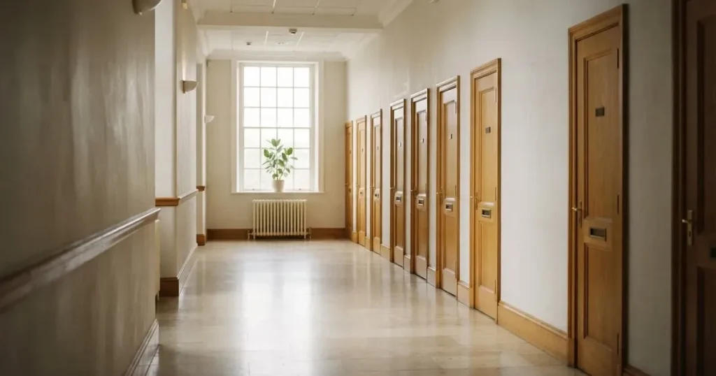 Ein langer Flur mit Holztüren und hellem Boden in einem ruhigen Verwaltungsgebäude, am Ende fällt Tageslicht durch ein Fenster.