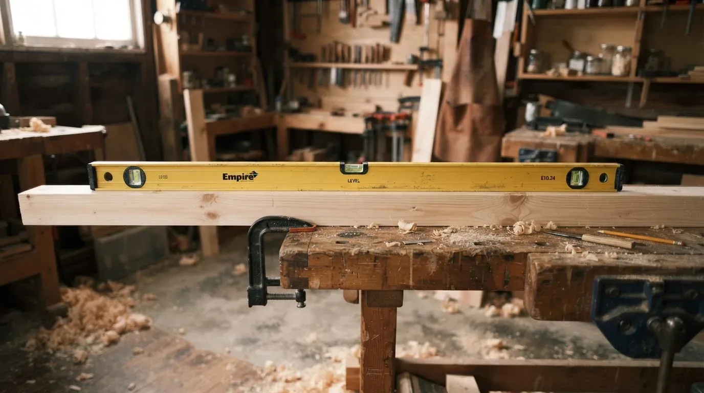 Eine Wasserwaage liegt auf einem Brett an einer Werkbank in einer Schreinerei, Holzspäne bedecken den Boden.