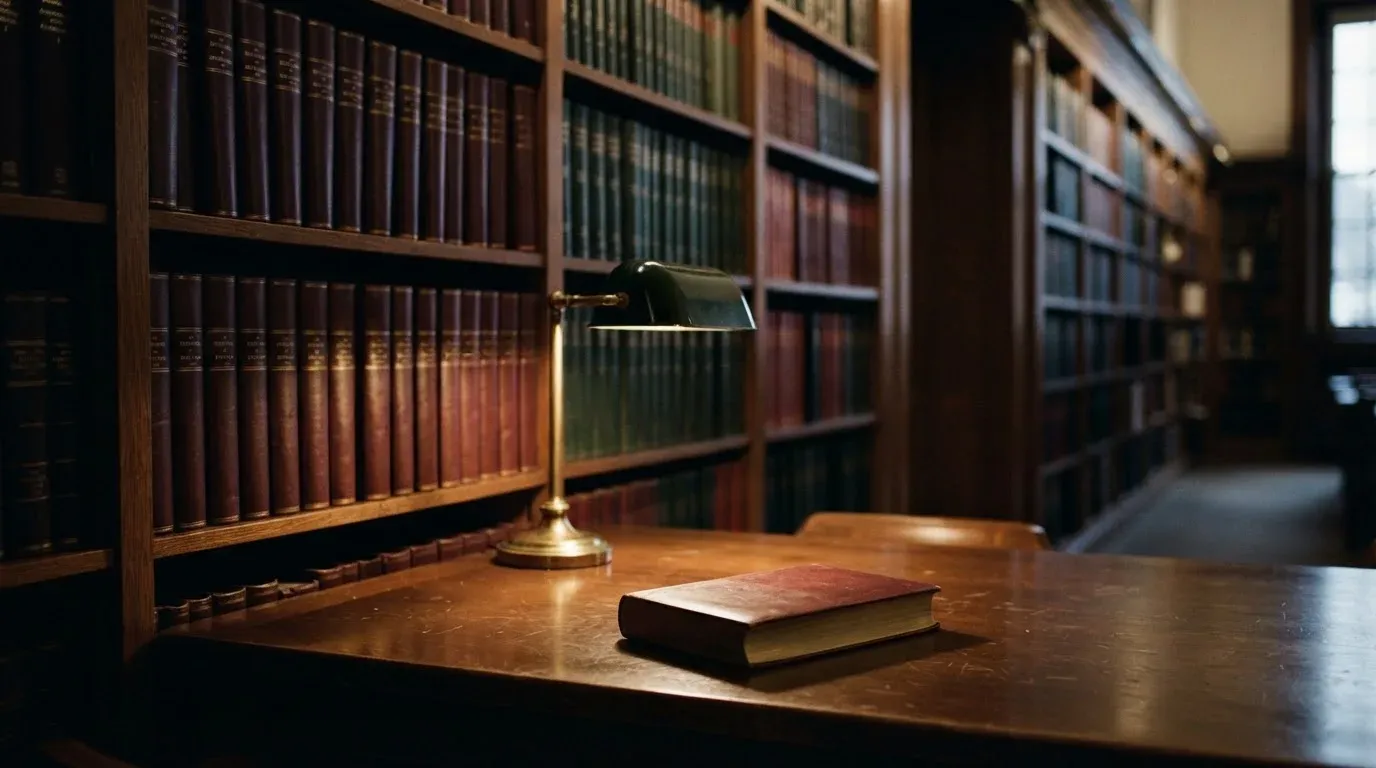 Ein Bücherregal mit ledergebundenen Bänden in dunklen Farben in einer stillen Bibliothek, davor ein Lesetisch.
