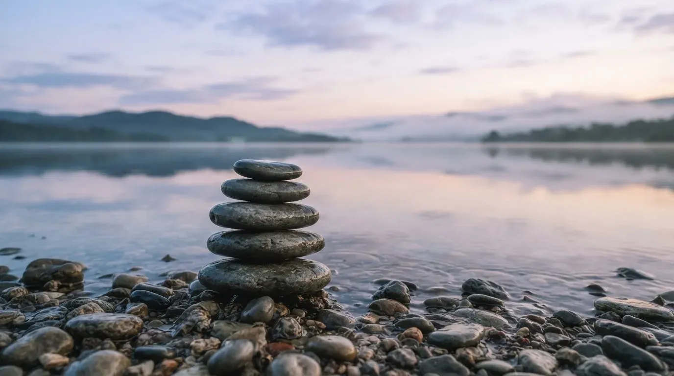Ein Stapel flacher Kieselsteine liegt am Seeufer in der Morgendämmerung, das Wasser ist spiegelglatt.