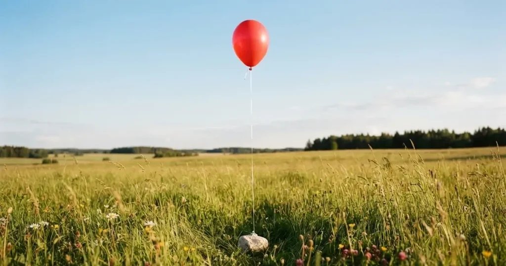 Ein roter Luftballon schwebt an einer dünnen Schnur über einer Sommerwiese, der Himmel dahinter ist klar.