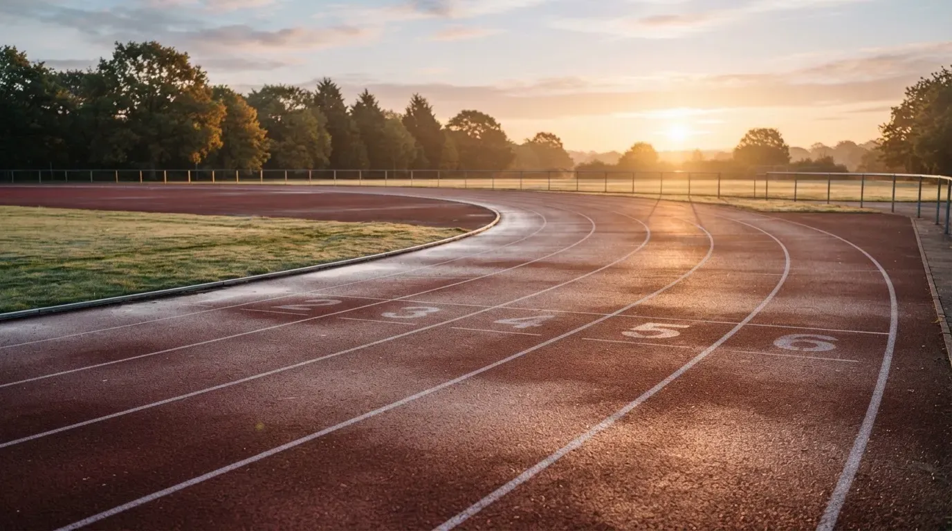 Eine leere Tartanbahn einer Leichtathletikanlage am frühen Morgen, Tau auf den Rasenflächen daneben und tiefstehende Sonne.