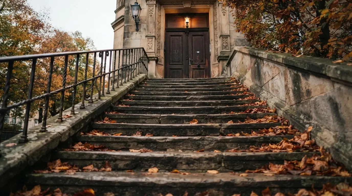 Eine Steintreppe mit Geländer führt zu einer hohen Holztür eines alten Gebäudes, Herbstlaub liegt auf den Stufen.