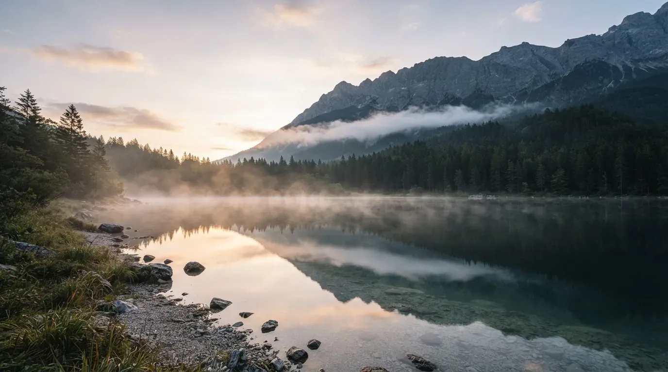Ein ruhiger Bergsee mit Nebel am Ufer bei Sonnenaufgang, am Hang dahinter dunkle Tannen.