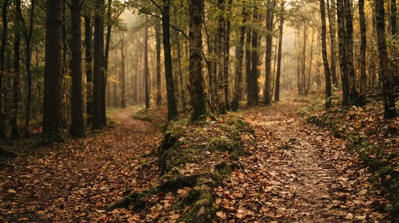 Eine Wegkreuzung im Wald, an der sich zwei Pfade im Herbstlicht gabeln, Laub bedeckt den Boden.