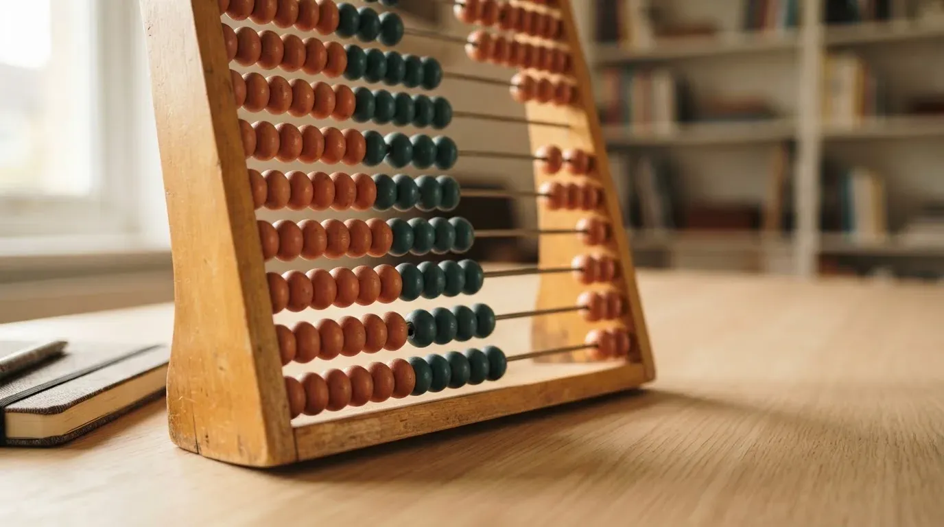 Ein Abakus aus Holz steht auf einem Schreibtisch, einige Perlen sind nach links geschoben, Seitenlicht fällt darauf.
