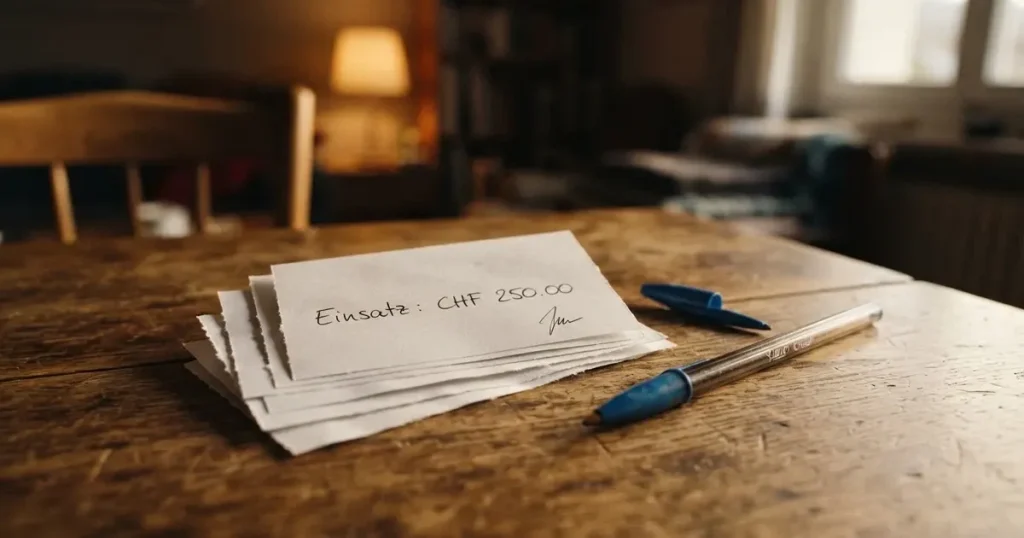Ein Stapel unbedruckter Papierscheine liegt neben einem Kugelschreiber auf einem Holztisch.