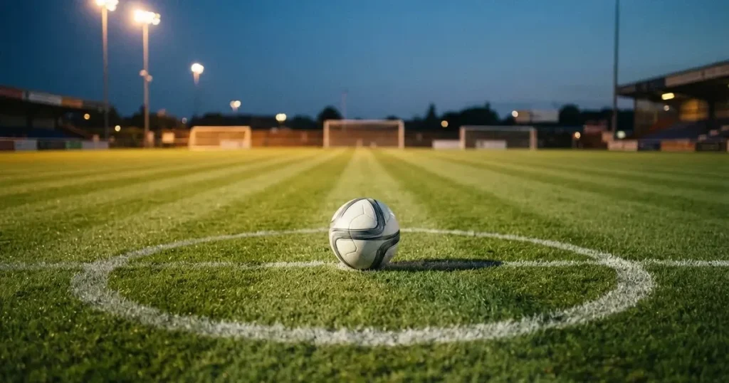 Ein Fussball liegt auf dem Anstosspunkt eines leeren Rasenplatzes, im Hintergrund glimmen Flutlichtmasten im Abendlicht.