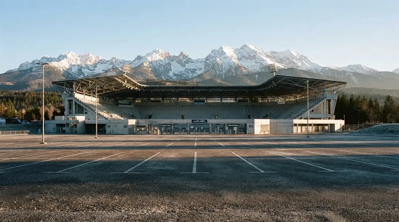 Hinter einem leeren Stadion ragen verschneite Berggipfel in den klaren Morgenhimmel, davor ein Parkplatz im ersten Sonnenlicht.