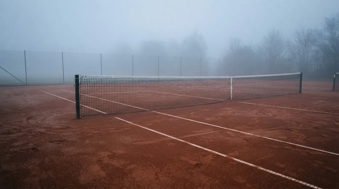 Ein Tennisplatz aus Sand liegt im Morgengrauen still da, Nebel hängt über der Grundlinie und dem aufgespannten Netz.
