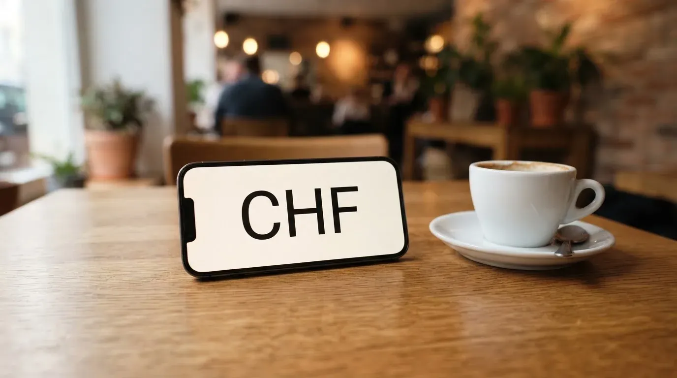 Ein Smartphone liegt mit der Rückseite nach oben auf einem Kaffeehaustisch neben einer Tasse und einem Löffel.