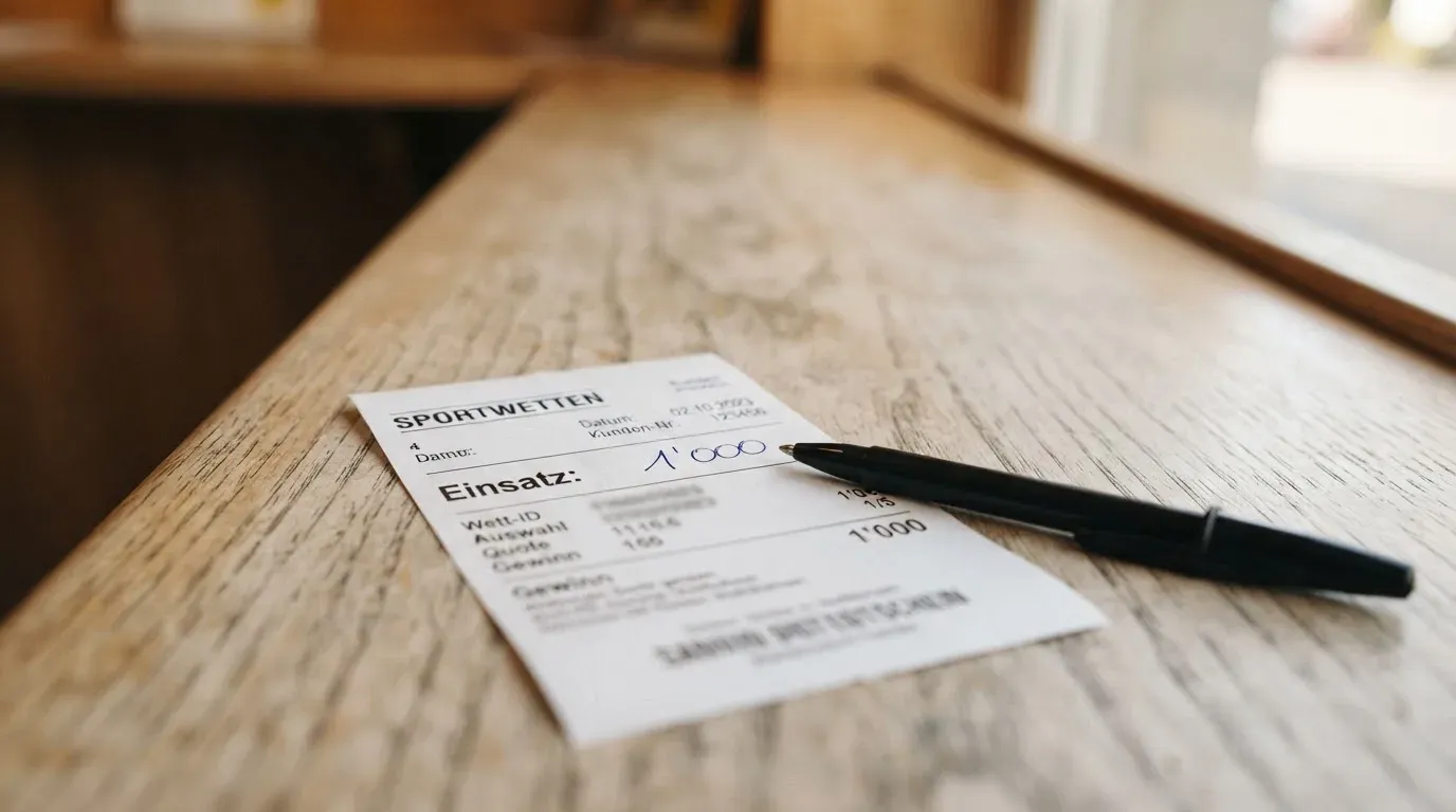 Ein unbeschriebener Papierwettschein und ein Kugelschreiber liegen auf einer hölzernen Ladentheke im Tageslicht.