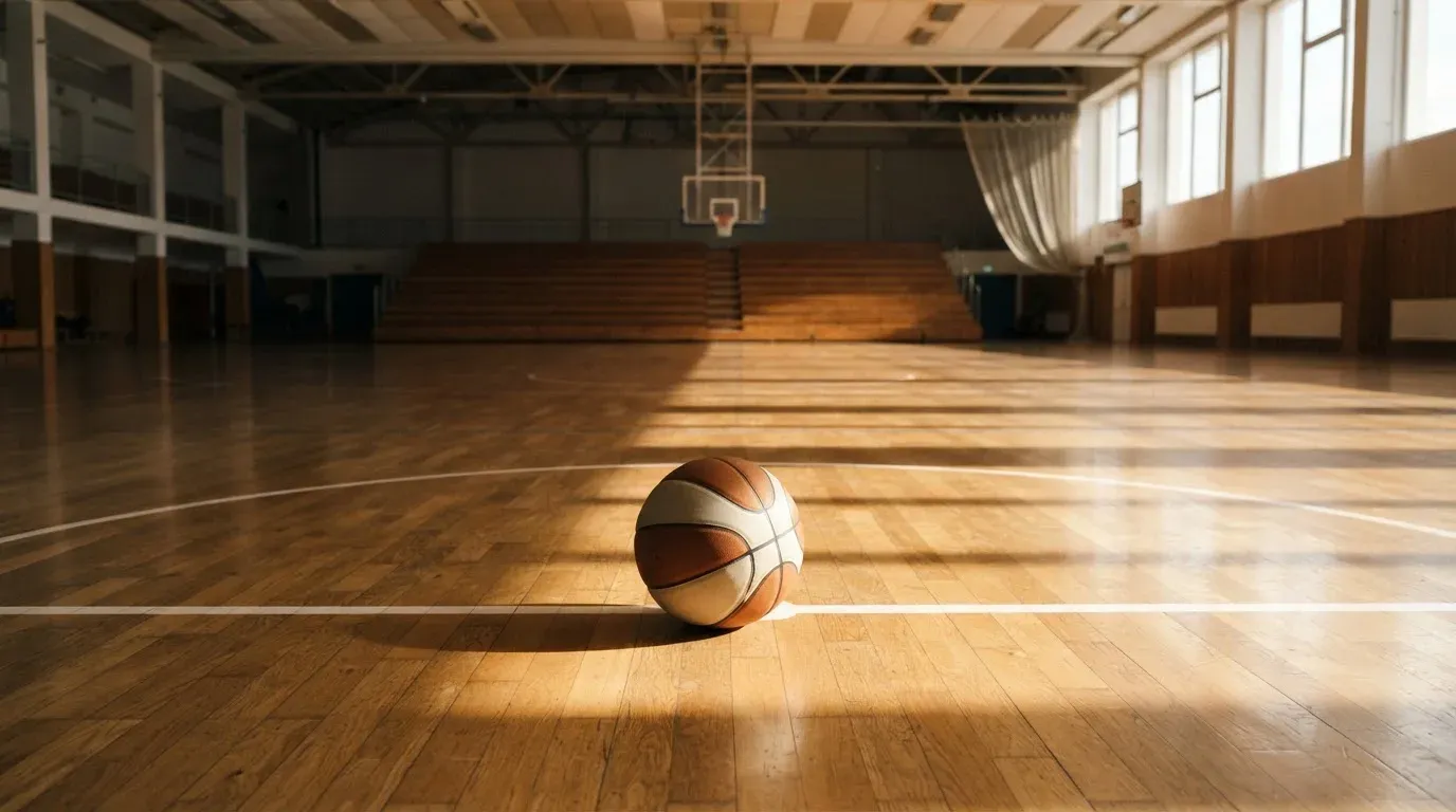 Ein Basketball ruht auf dem Parkett einer leeren Sporthalle, durch hohe Fenster fällt Tageslicht.