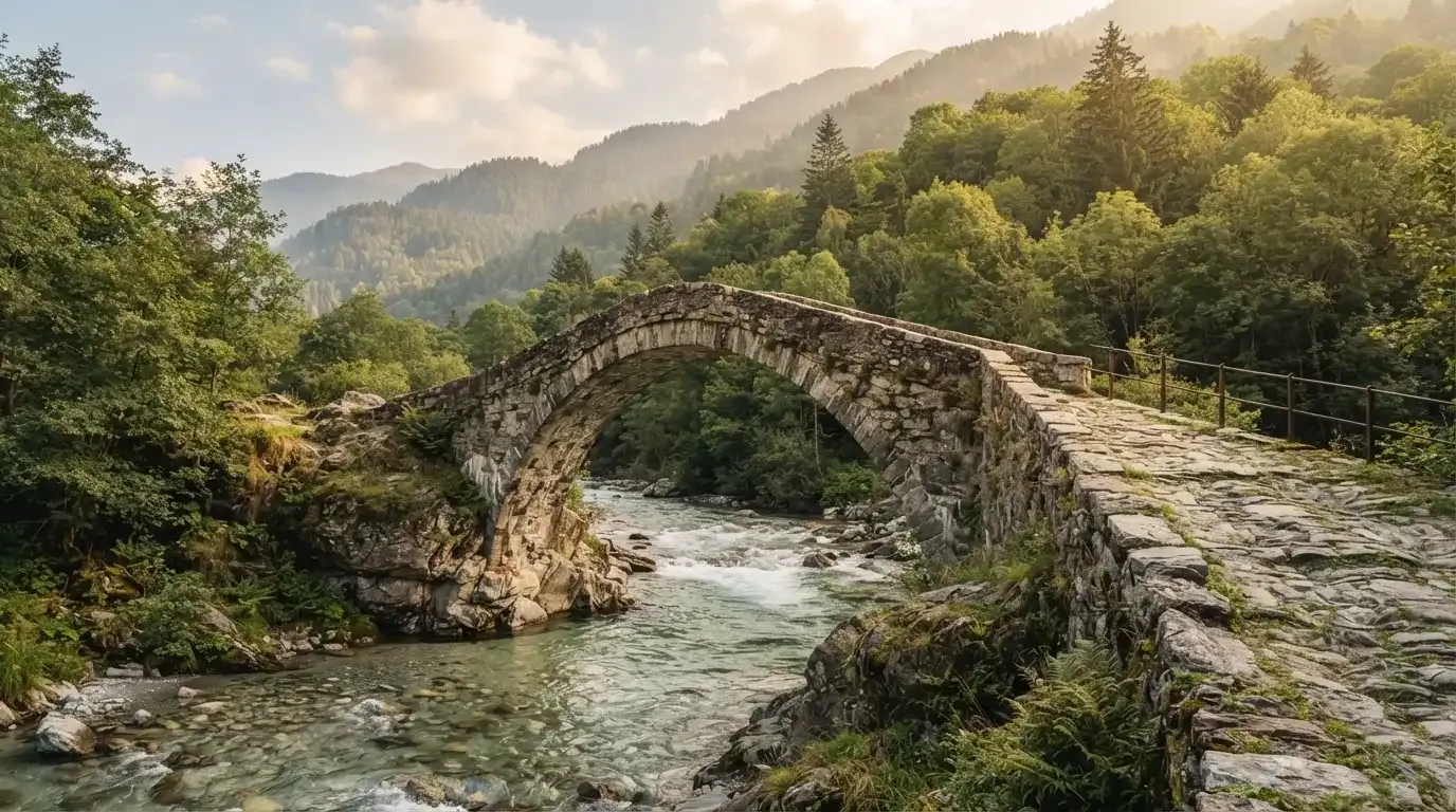 Eine alte Steinbrücke überspannt einen Gebirgsfluss, im Hintergrund steigen bewaldete Hänge an.