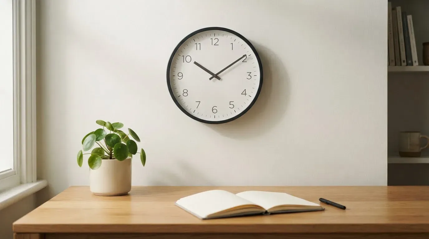 Eine Wanduhr hängt in einem ruhigen Büro, davor ein aufgeräumter Tisch mit einer Pflanze.