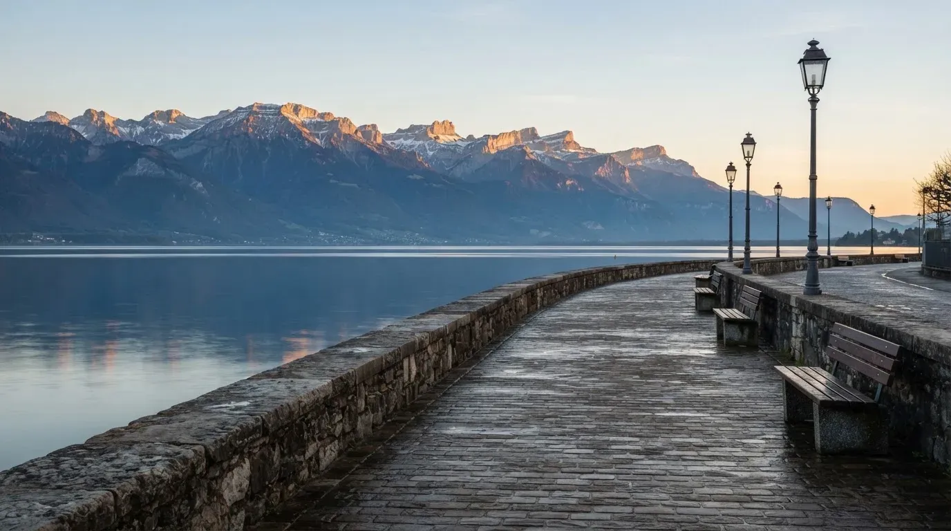 Eine Uferpromenade an einem Schweizer See liegt am frühen Morgen leer da, am anderen Ufer ragen Berge auf.