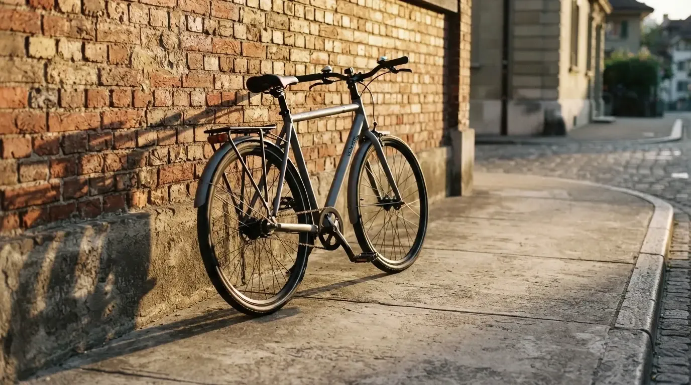 Ein Fahrrad lehnt an einer Backsteinmauer, auf dem Gehweg davor fallen lange Schatten.