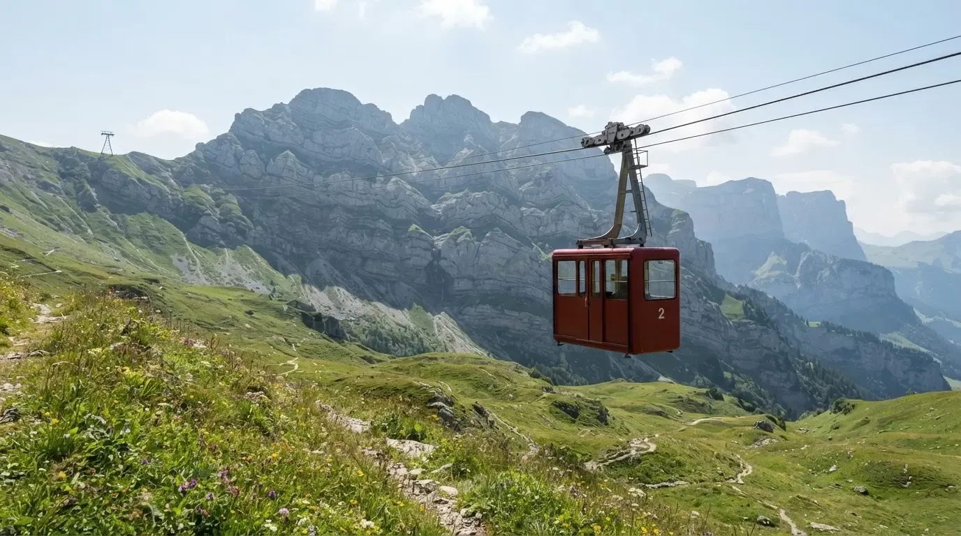 Eine Seilbahnkabine schwebt über einer Alpwiese, im Hintergrund zeichnen sich Felswände ab.