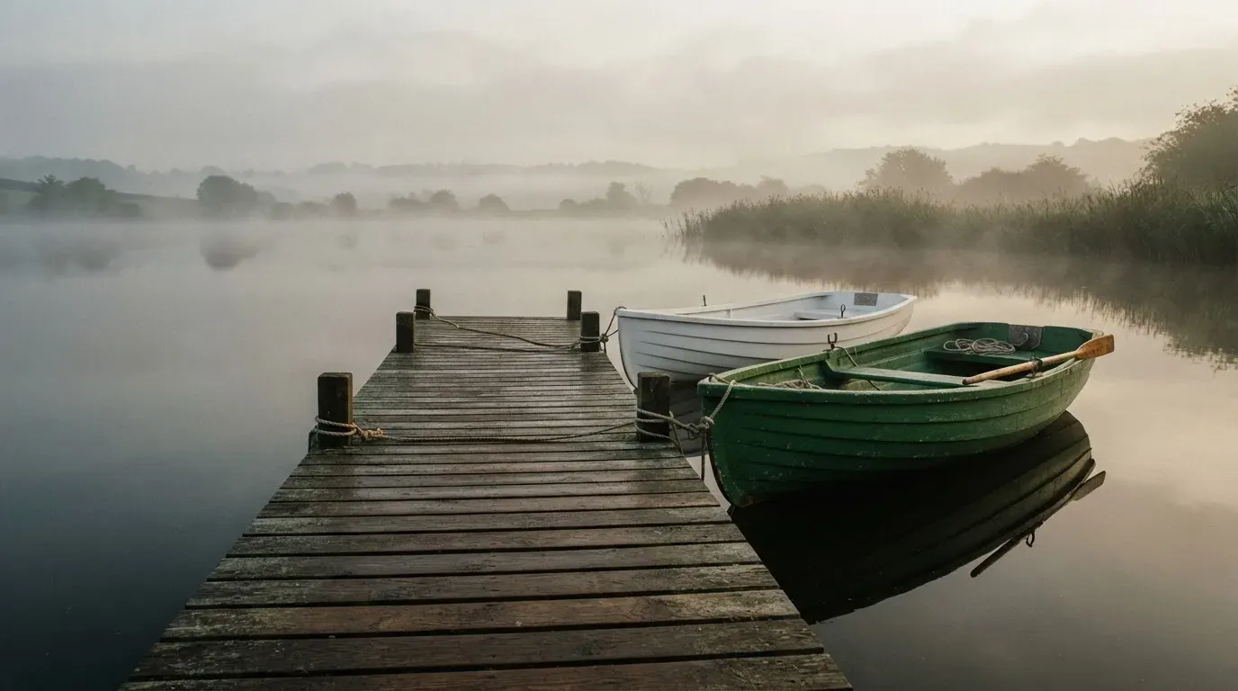 Ruderboote liegen am hölzernen Steg eines Sees, über dem Wasser hängt feiner Morgendunst.