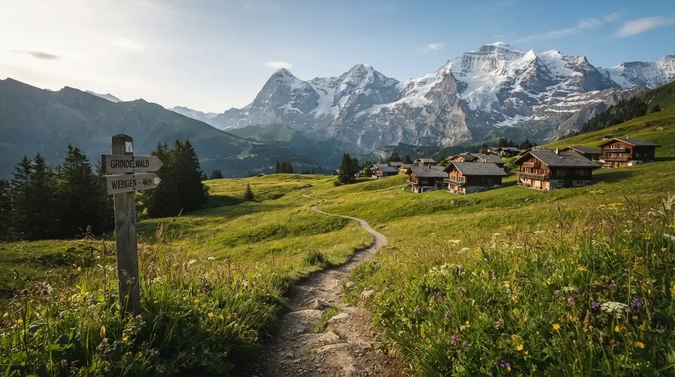 Ein Wanderweg führt durch eine Almwiese zu einem Bergdorf, in der Ferne liegt Schnee auf den Gipfeln.