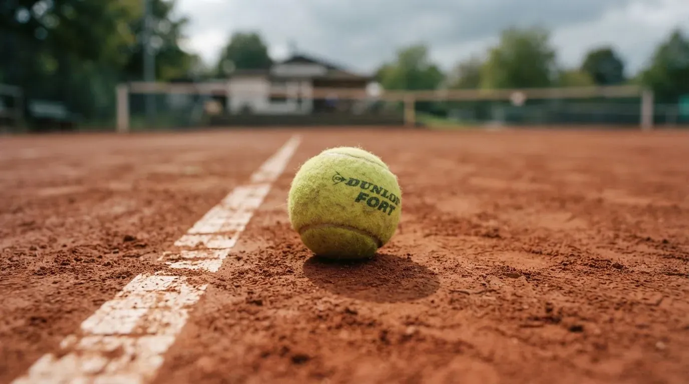 Ein Tennisball liegt auf rotem Sand neben einer verblassten Linie, das Licht ist weich.