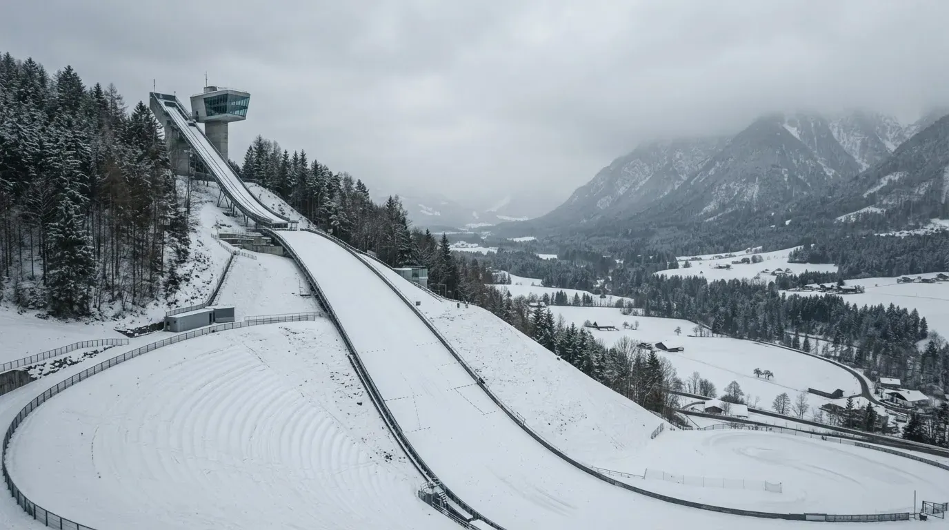 Eine verschneite Skisprungschanze erhebt sich unter grauem Himmel über einem stillen Tal.