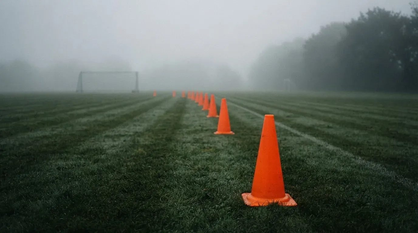 Orange Pylonen stehen auf einem Trainingsplatz im Nebel, die Ränder des Platzes verschwimmen im Dunst.