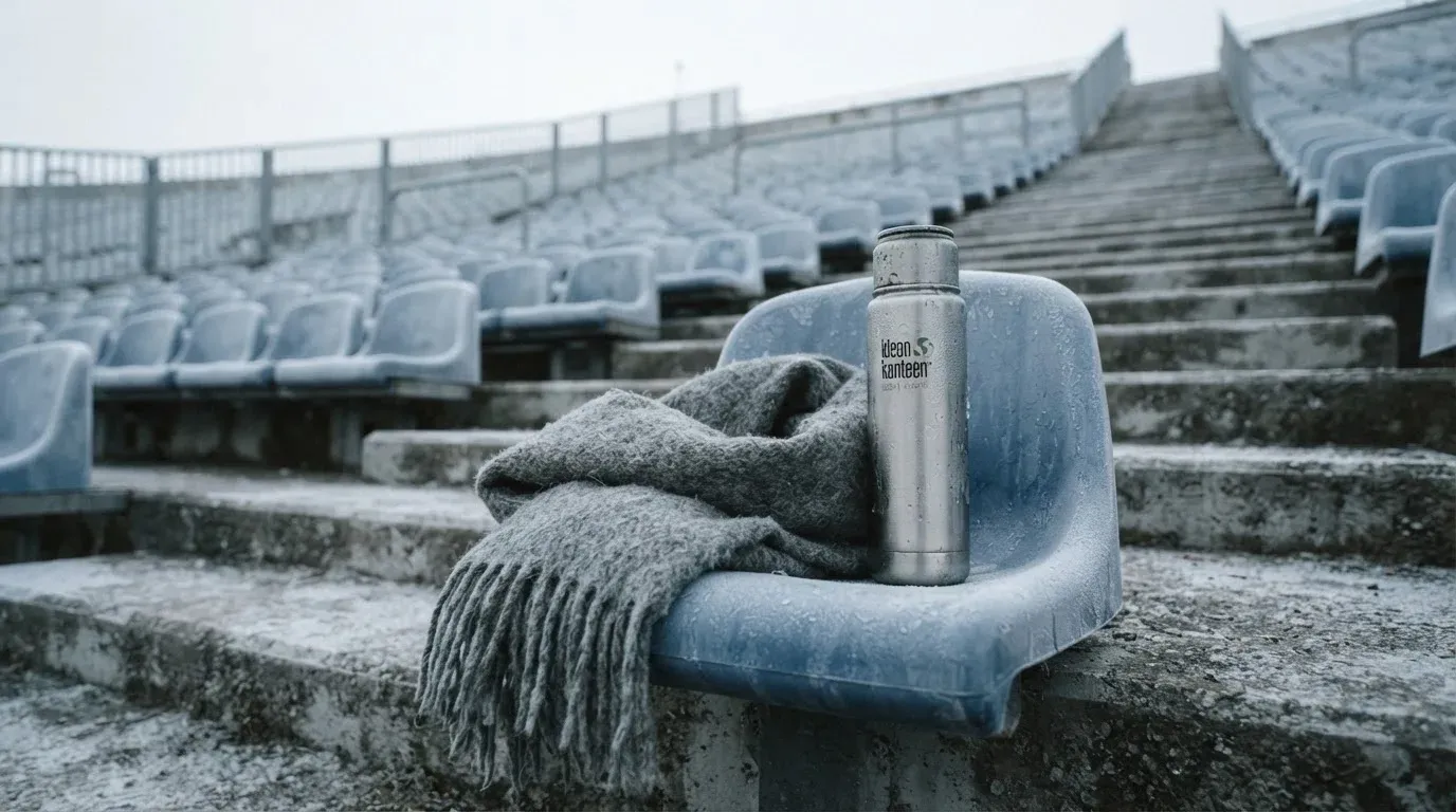 Ein grauer Wollschal und eine Thermoskanne liegen auf einem Sitz im winterlichen Stadion, Raureif liegt auf den Stufen.