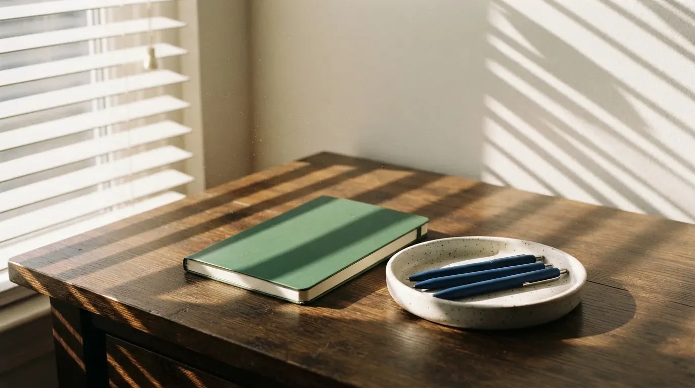 Streifen von Sonnenlicht fallen durch eine Jalousie auf einen Schreibtisch mit Stiften.
