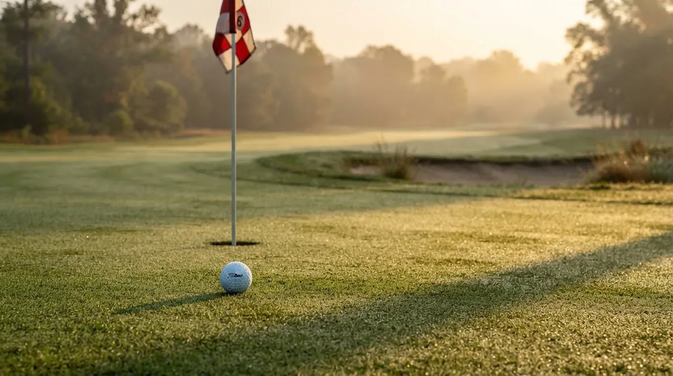 Ein Golfgrün liegt am frühen Morgen im Tau, ein Ball liegt nahe dem Loch.