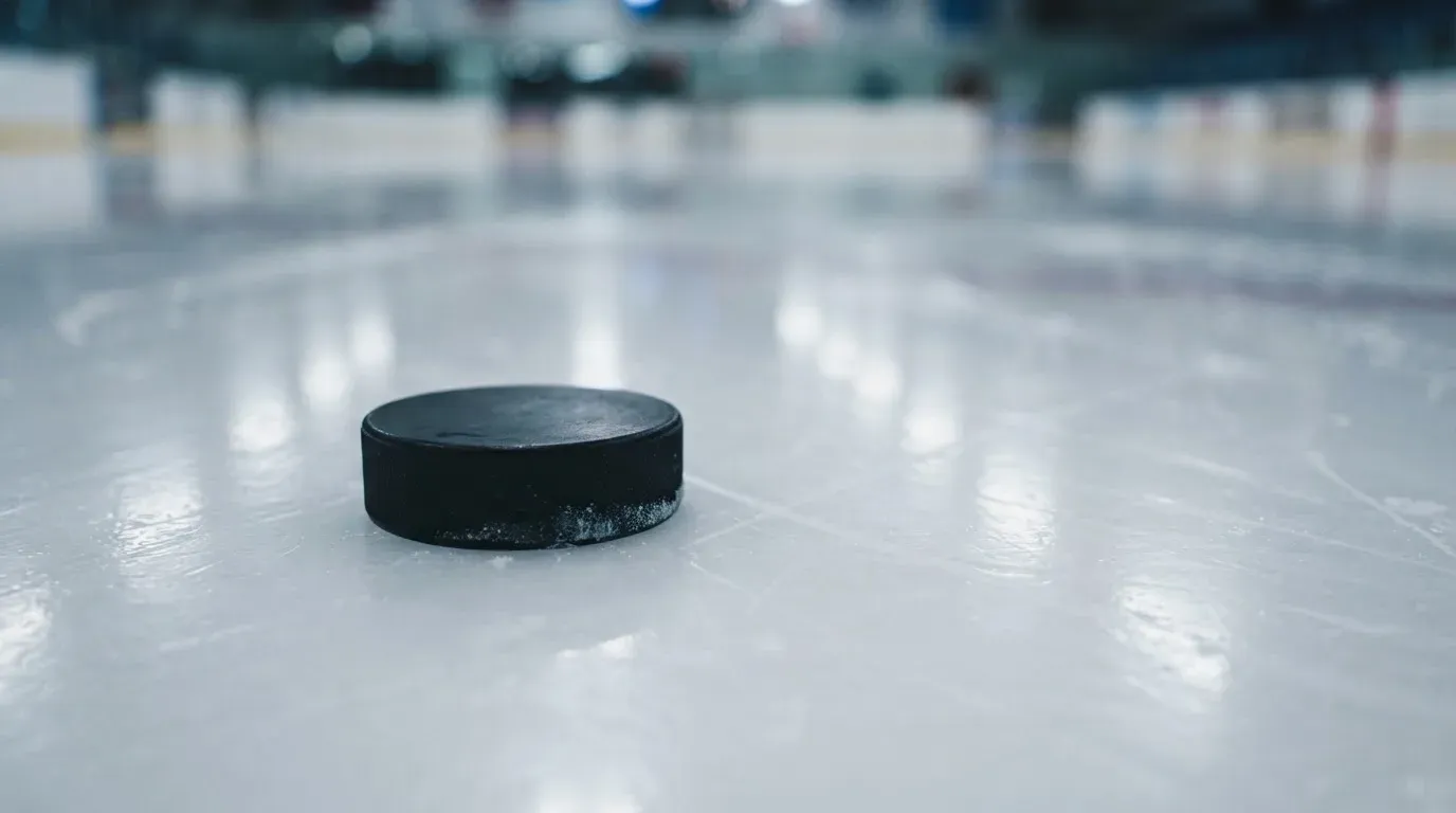 Ein Eishockeypuck liegt in Grossaufnahme auf glatter Eisfläche, im Eis spiegeln sich Hallenlichter.