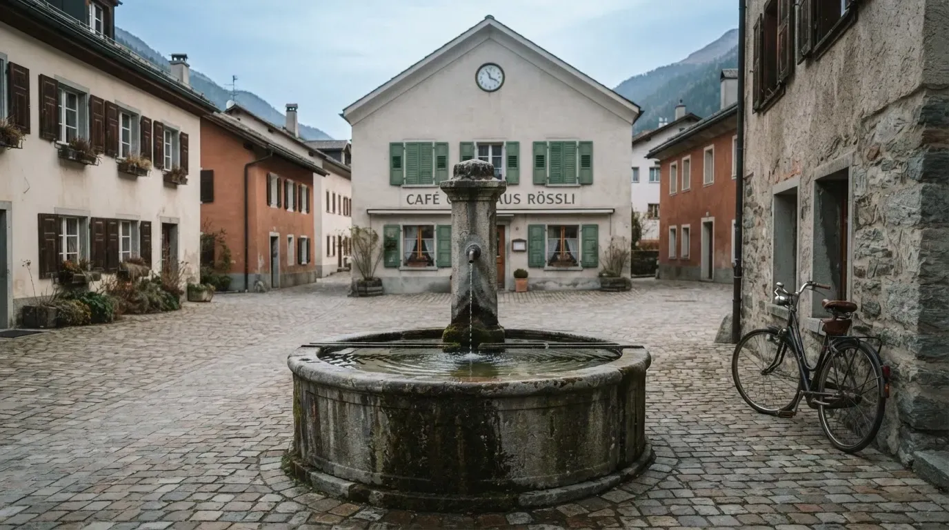 Ein Dorfplatz mit steinernem Brunnen liegt am Vormittag still da, die Läden ringsum sind noch geschlossen.