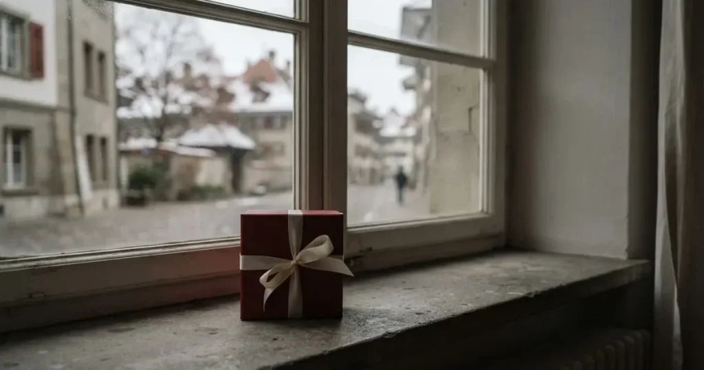 Eine kleine Schachtel mit Schleife steht auf einem Fensterbrett, dahinter ein grauer Wintertag.