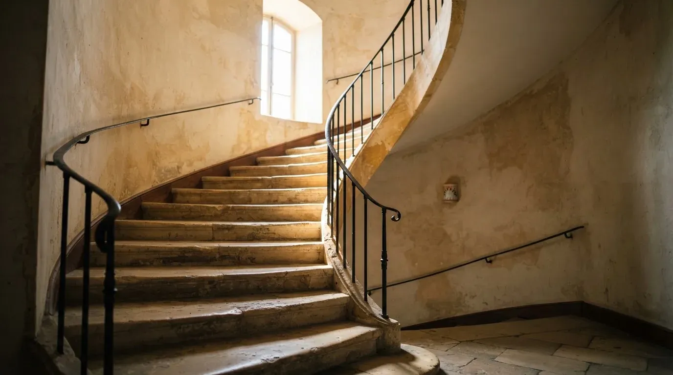 Ein Treppenhaus aus hellem Stein führt in einem Altbau nach oben, Licht fällt durch ein hohes Fenster.